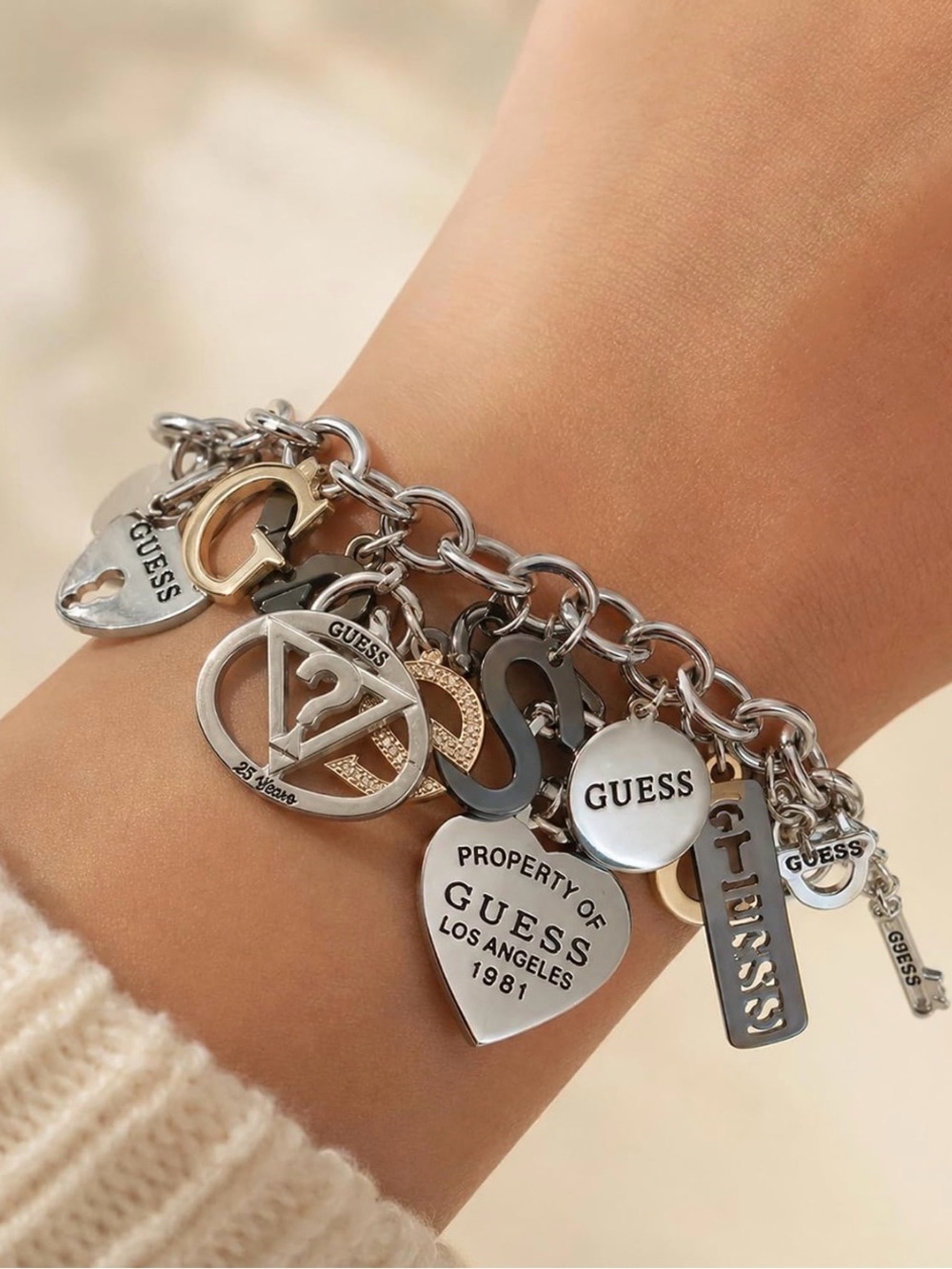GUESS "Basic Mixed Metal Logo Charm Toggle Charm Bracelet